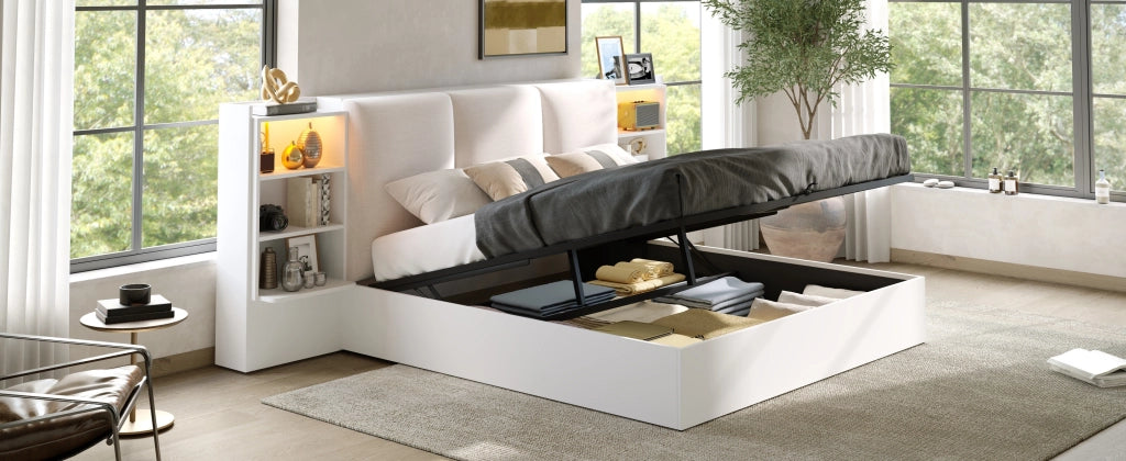 Letto Contenitore Imbottito 180x200 cm con Sollevamento Idraulico; LED; Bianco