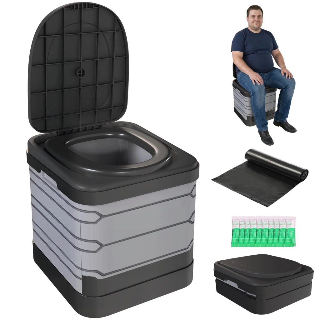 WC Portatile da Campeggio Toilette Pieghevole Grigio con Sacchetti e Polvere Coagulante fino a 150 kg 42x46x43,5 cm