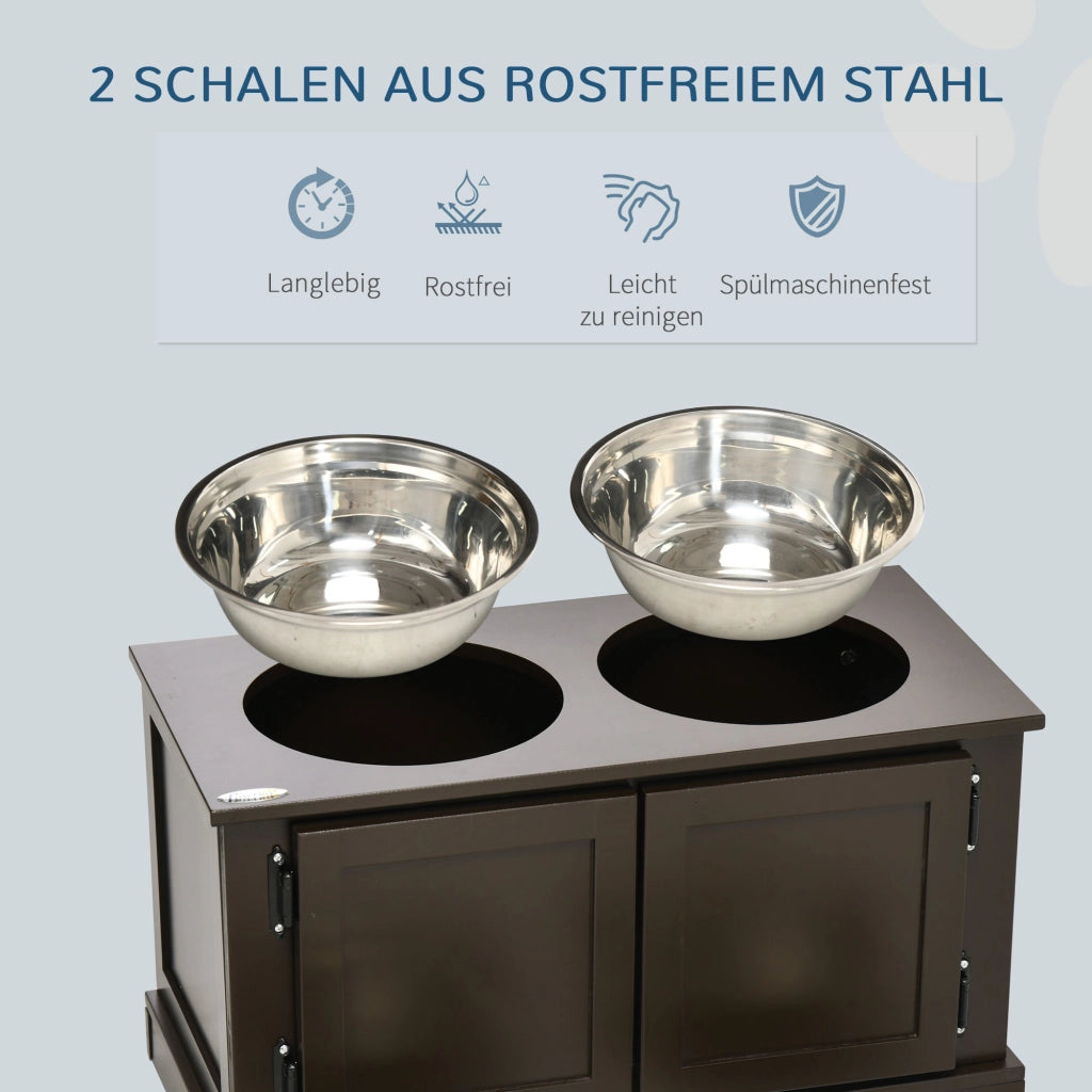 Mobile portaciotole rialzato con vano portaoggetti e 2 ciotole in acciaio inox da 2 l color caffè 60 × 30 × 34 cm