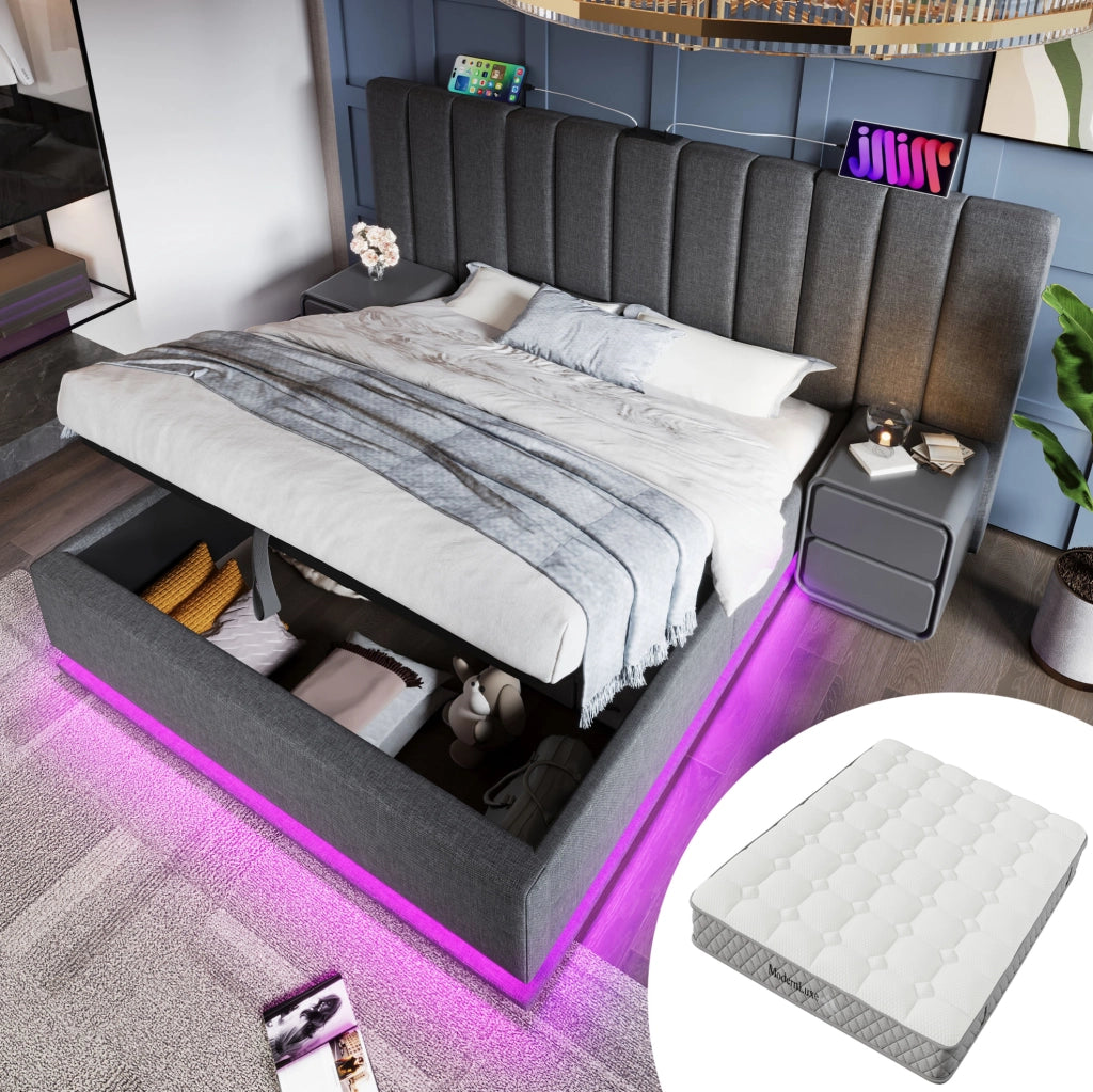 Letto matrimoniale contenitore 180x200 cm con LED; ricarica USB e materasso; grigio