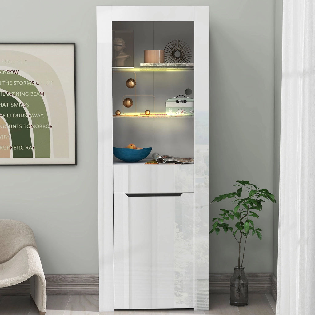 Vetrina Libreria con LED, 1 anta, 1 cassetto e 2 ripiani, per soggiorno o studio, bianco, 60 × 35.5 × 165 cm