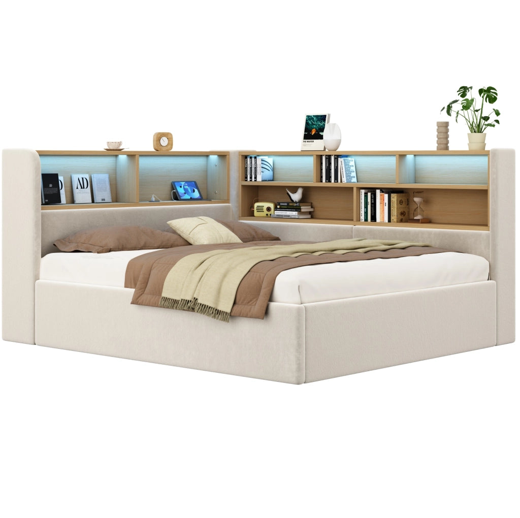 Letto con contenitore idraulico; LED e USB in velluto beige
