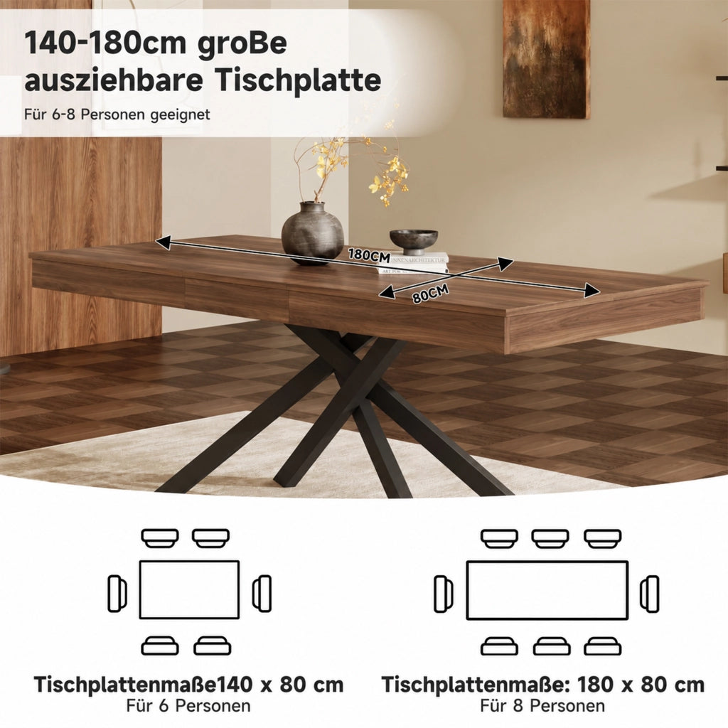 Tavolo da Pranzo Allungabile 140-180x80 cm 6-8 Posti LEMONMAX; Piano MDF Spesso; Gambe Incrociate in Metallo; Finitura Effetto Noce; H 76 cm