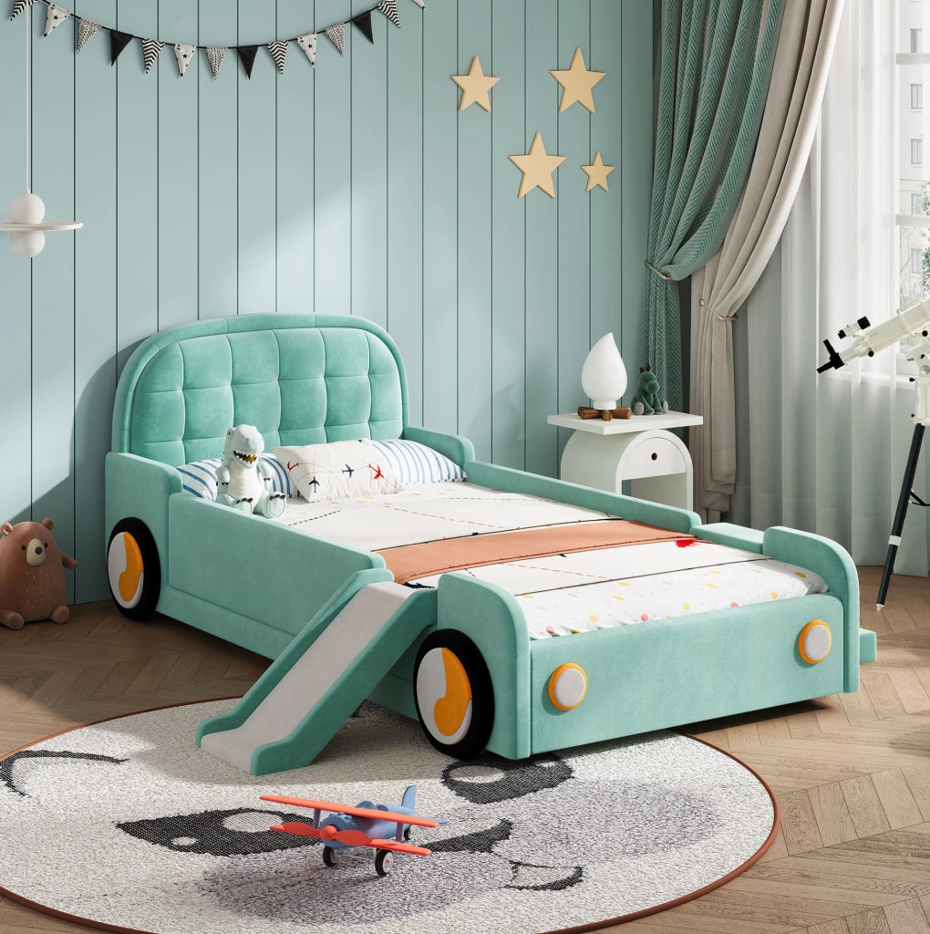 Letto bambino a forma di auto con scivolo e scala reversibili; 90x200 cm; velluto; blu-verde