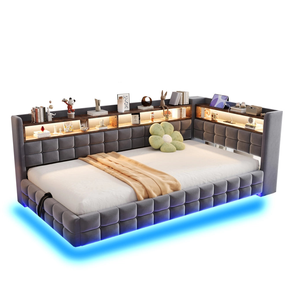 Letto singolo imbottito 90 × 200 cm con contenitore idraulico ripiani in legno LED prese USB Type-C velluto grigio