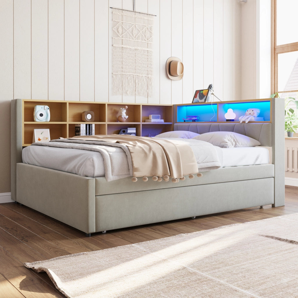 Letto con letto estraibile 140 × 200 cm con letto aggiuntivo 90 × 190 cm LED porte USB e vani grigio chiaro