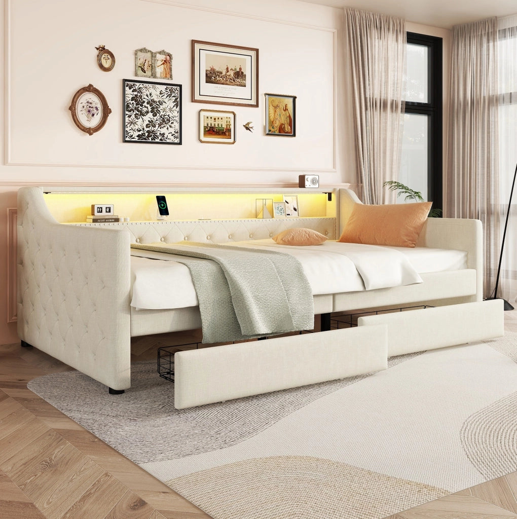 LETTO Divano 90x200 cm in lino beige con LED, USB e 2 cassetti