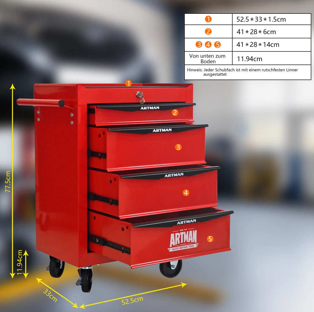Carrello portautensili in acciaio con 4 cassetti e ruote, 60x33x77,5 cm, rosso e nero