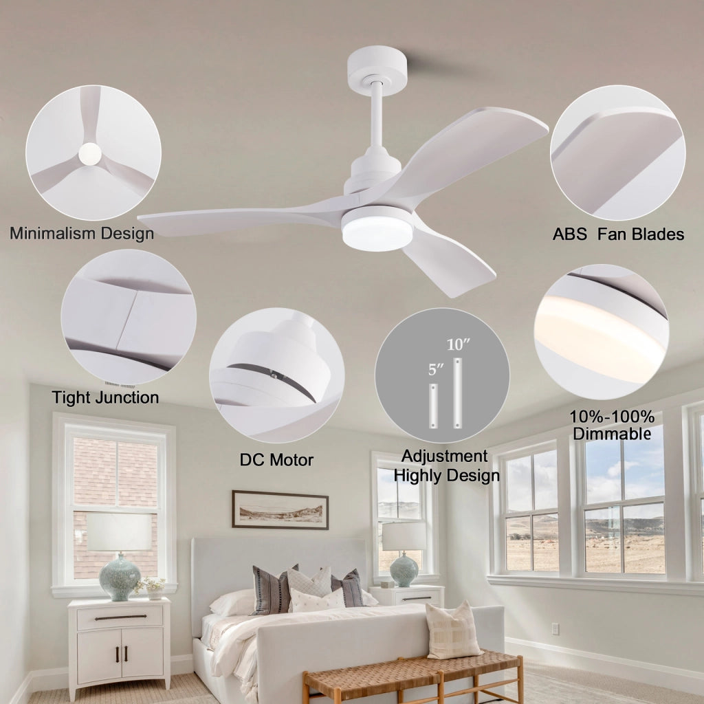 Ventilatore da soffitto bianco 42 pollici con luce LED 20 W; 3 pale ABS; motore DC reversibile e telecomando