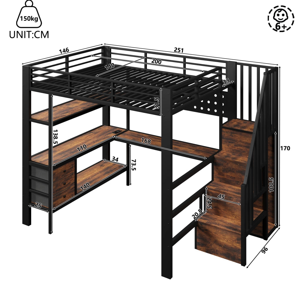 Letto a soppalco in metallo 140x200 cm con scrivania, cassetti, pannello perforato, presa elettrica e luce LED, nero