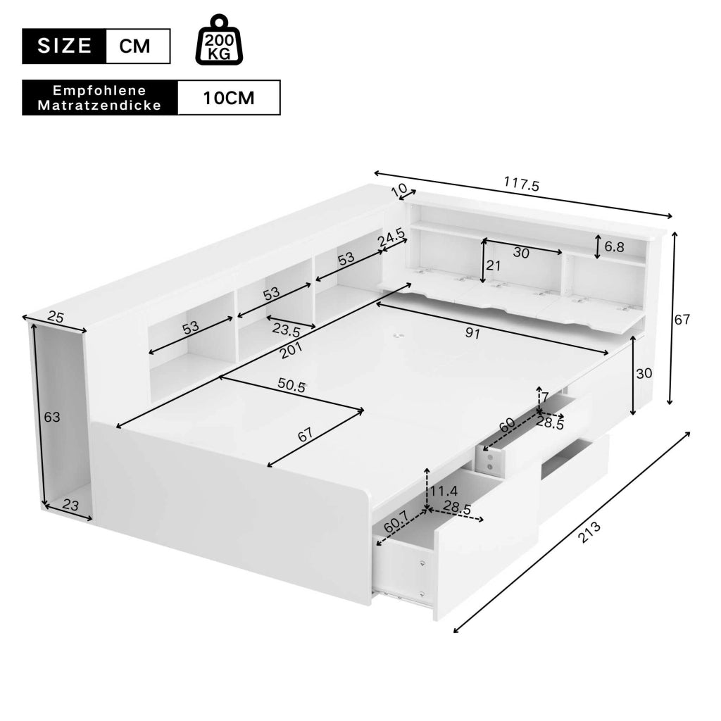 Letto singolo 90x200 cm bianco con 4 cassetti; libreria e vani portaoggetti