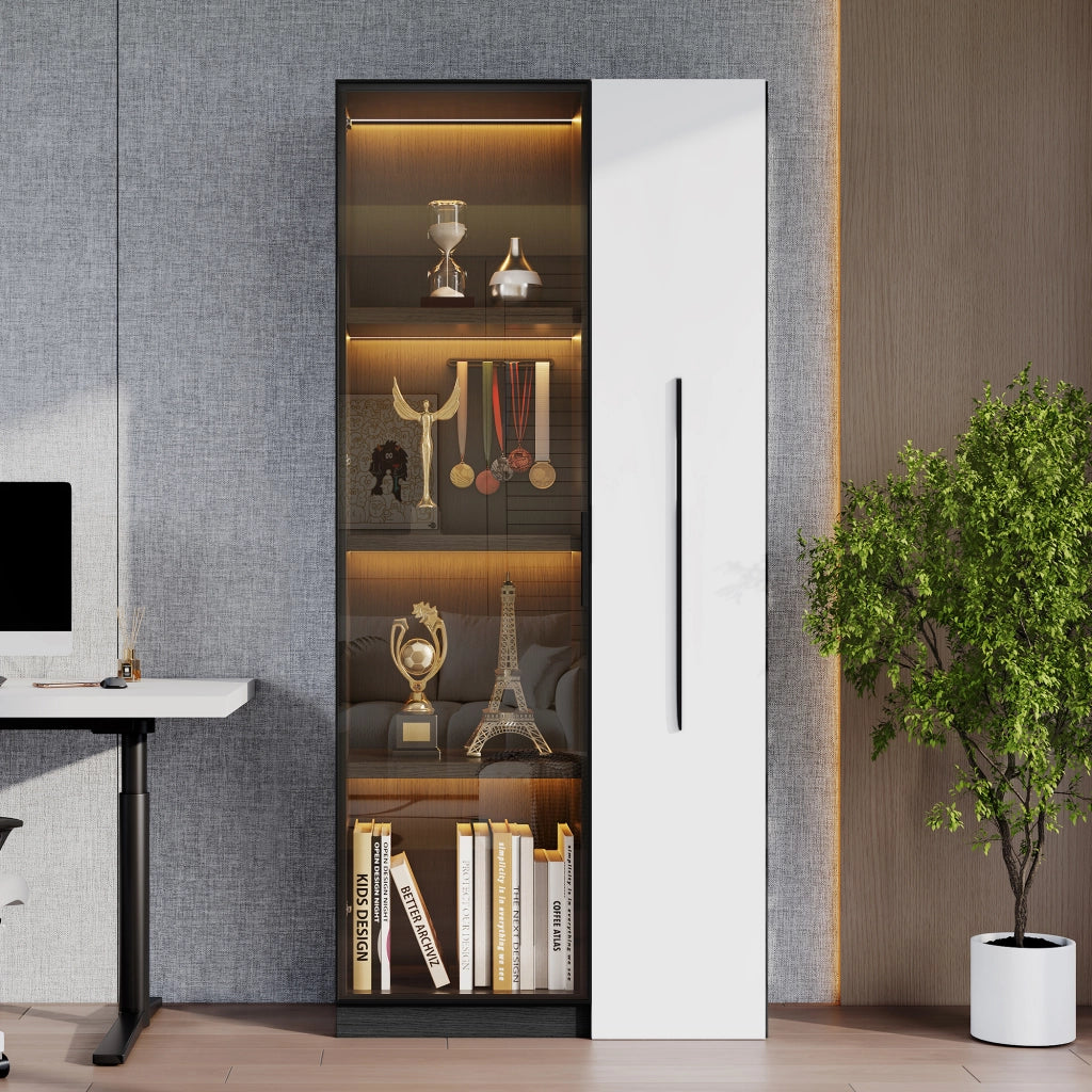 Vetrina con frontale in vetro LED e cassetto estraibile laterale in MDF per soggiorno e cucina 70 × 40 × 160 cm