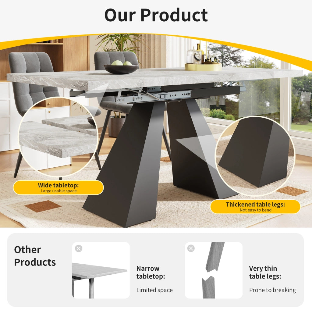 Tavolo da pranzo allungabile 99-159×74×77 cm con piano in MDF effetto marmo e gambe in carbonio, design flessibile per cucina, ufficio, soggiorno grigio