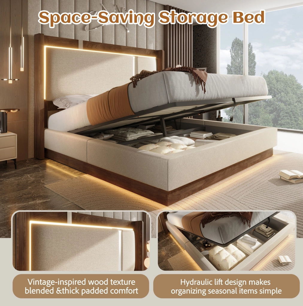 Letto matrimoniale imbottito 140x200 cm con rete a doghe, LED e contenitore, beige lino e noce, senza materasso