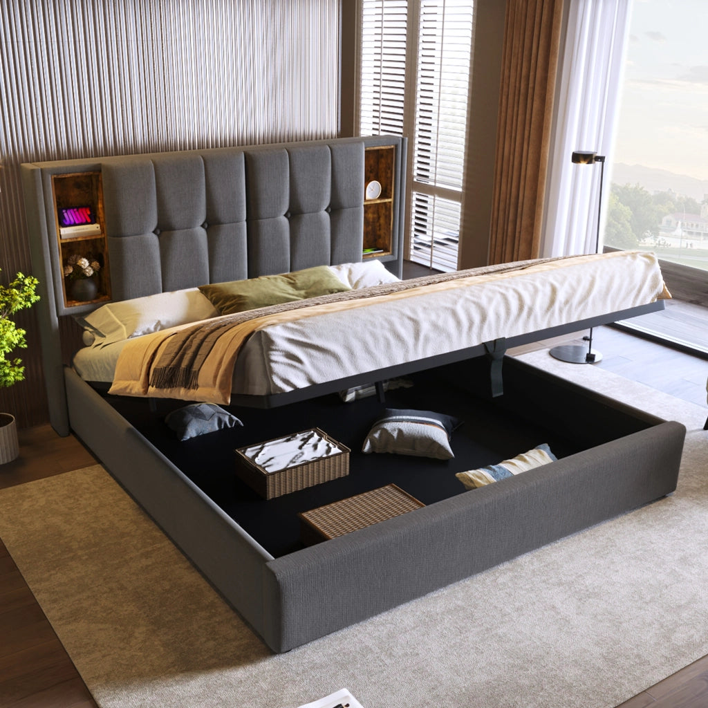 Letto contenitore 180 × 200 cm con ricarica wireless USB e USB-C testiera in cotone grigio con rete a doghe