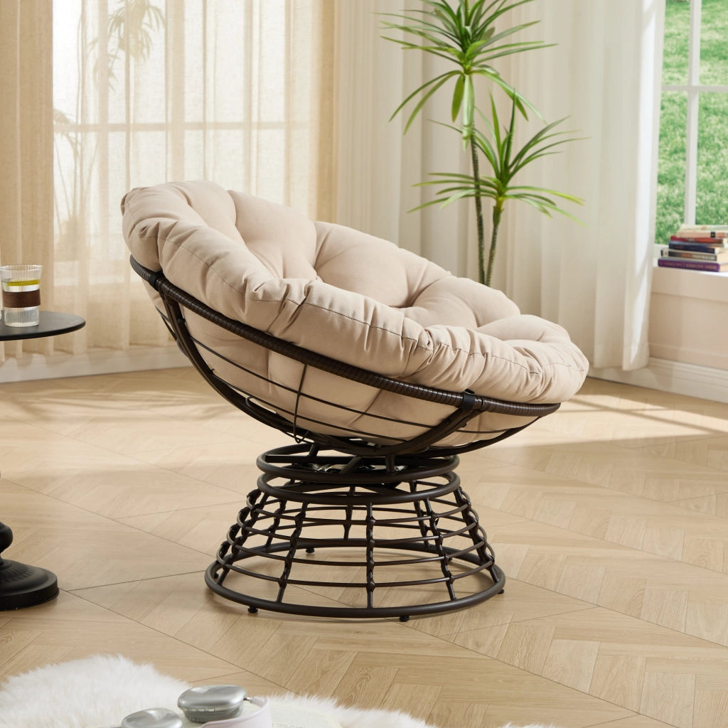 Sedia Papasan Girevole in Rattan Marrone con Cuscino Beige Morbido e Spesso, Struttura in Acciaio, 92 cm, Ideale per Soggiorno e Camera