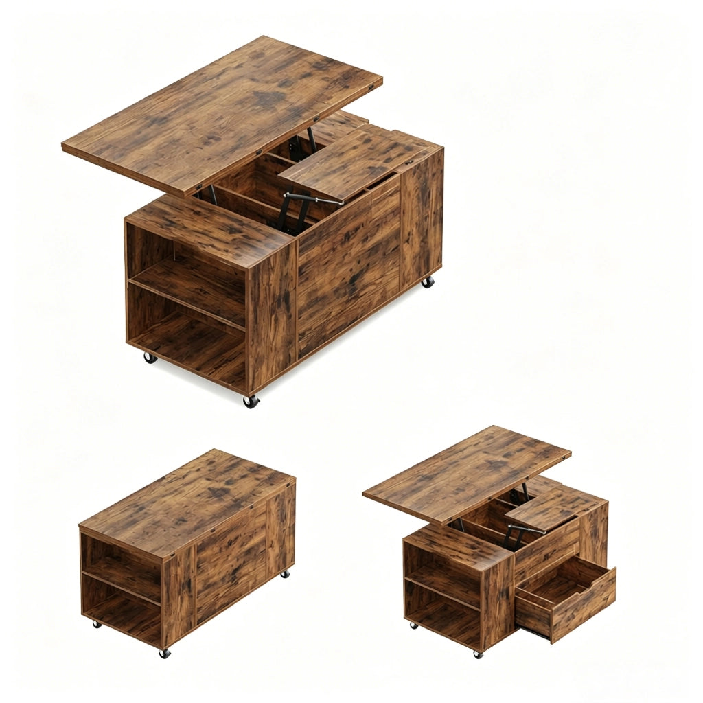 Tavolino basso alzabile con piano estensibile; cassetto e ruote bloccabili marrone rustico 50.5 × 100 × 53 cm