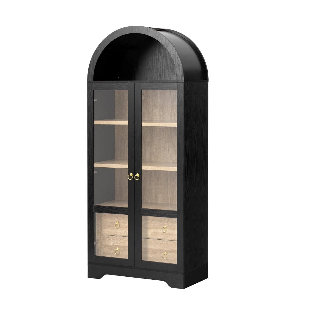 Credenza per cucina con ante in vetro trasparente; ripiani regolabili e 2 cassetti nera 76.2 × 40.1 × 180 cm