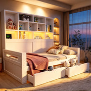 Letto con cassetti 90 × 200 cm con testiera a ripiani LED e prese elettriche in MDF bianco