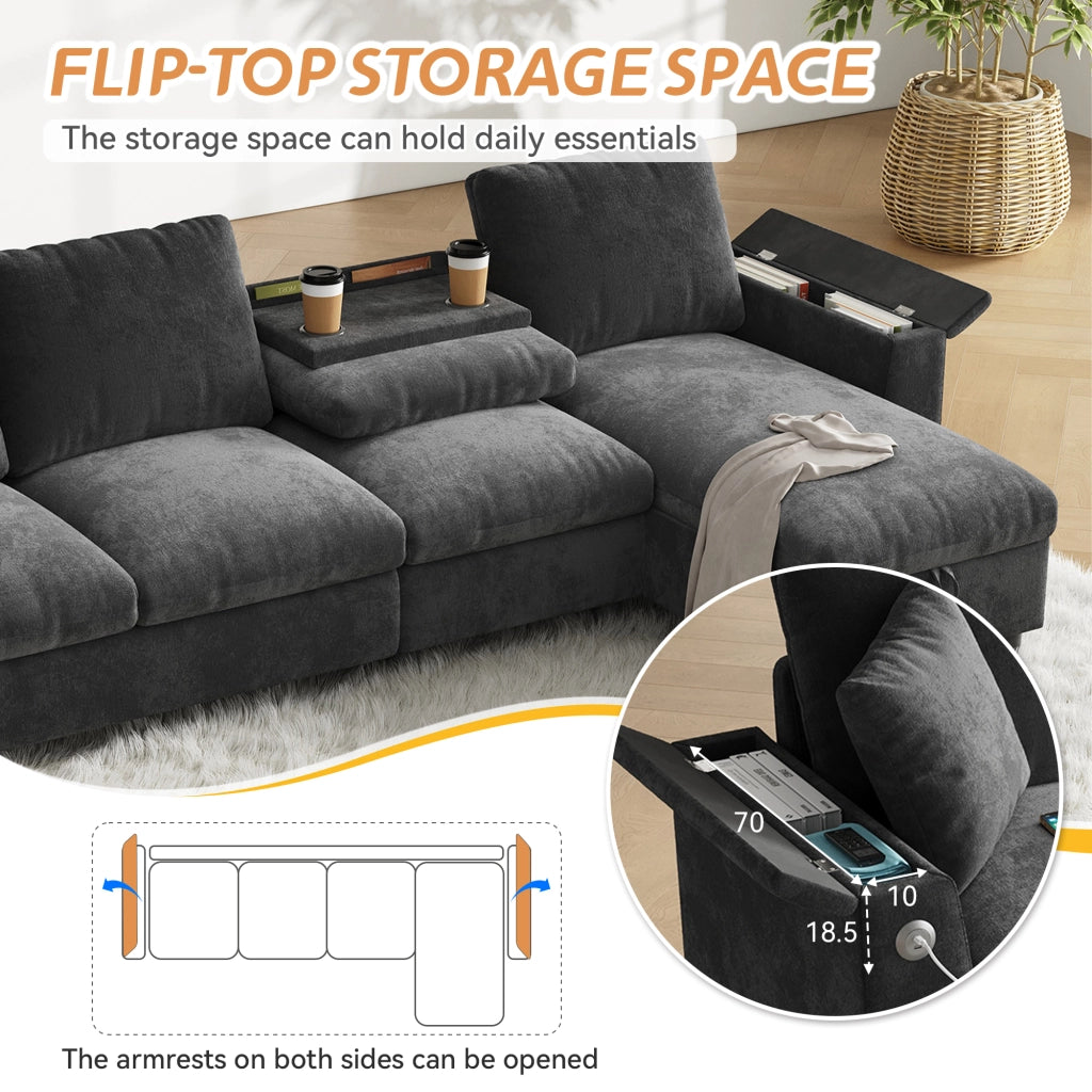 Divano angolare con funzione letto e chaise longue reversibile tavolino pieghevole porte USB e Type C contenitore braccioli chenille grigio