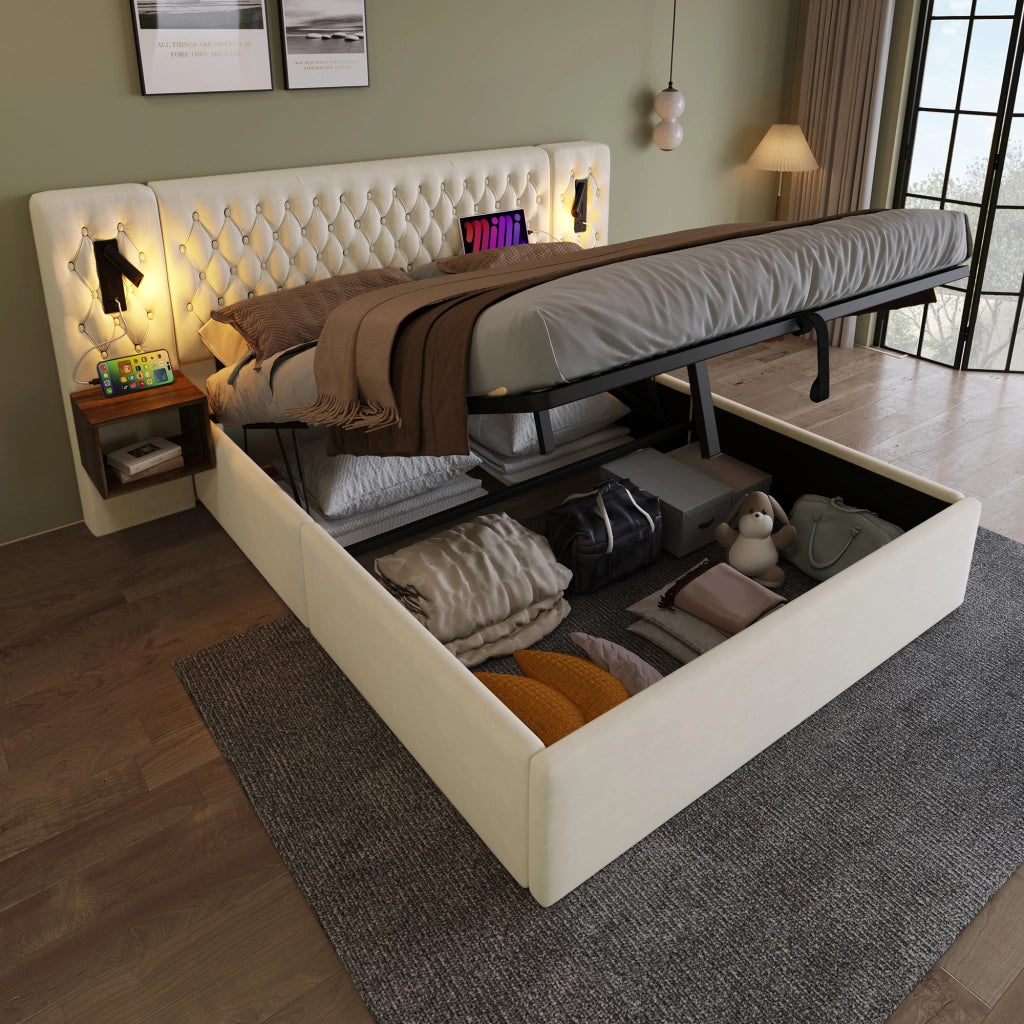 DESMIU Letto contenitore 2 posti con 2 comodini, USB, Type-C e luci da lettura 180 × 200 cm, senza materasso