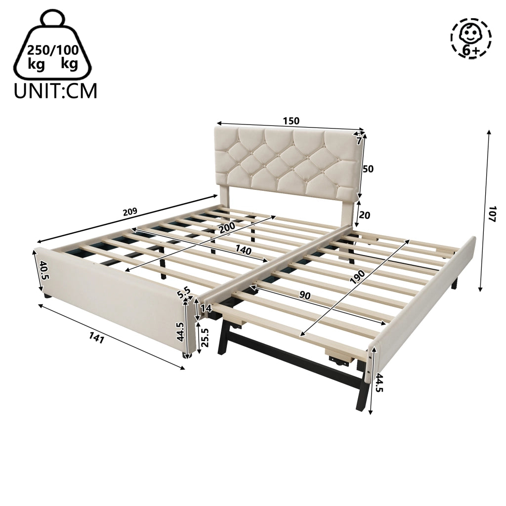 Letto imbottito 140x200 cm con rete e letto estraibile in velluto beige e MDF