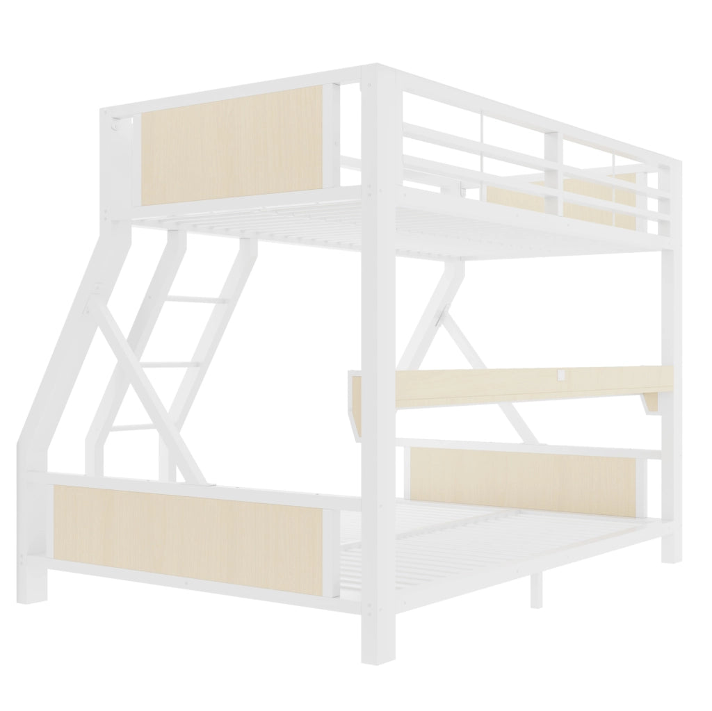 Letto a Castello in Metallo e Legno con LED e Ripiano 90 x 200/140 x 200 cm Bianco - Senza Materasso