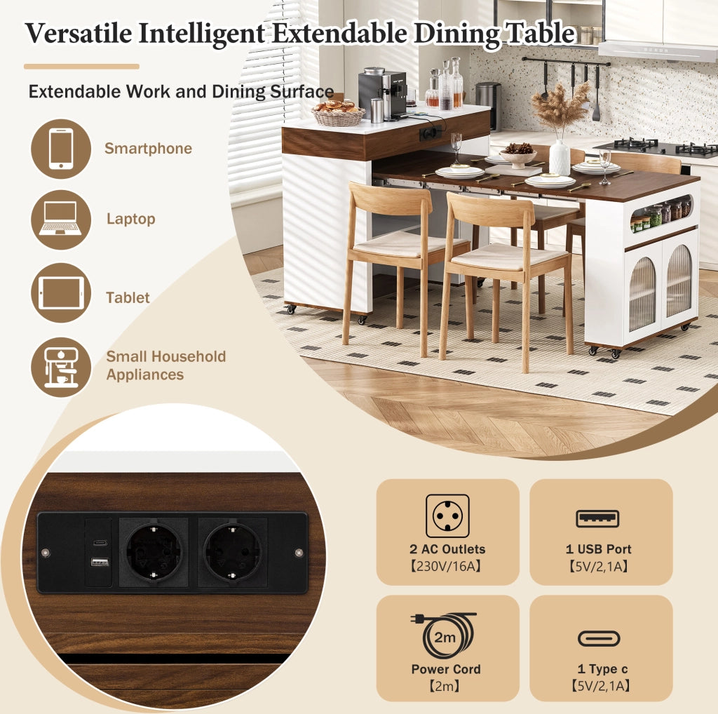 Isola cucina con ruote e tavolo allungabile, mobile con cassetto e prese elettriche, MDF bianco e finiture noce, dimensioni 50,5-187,5×110,5×95,5 cm