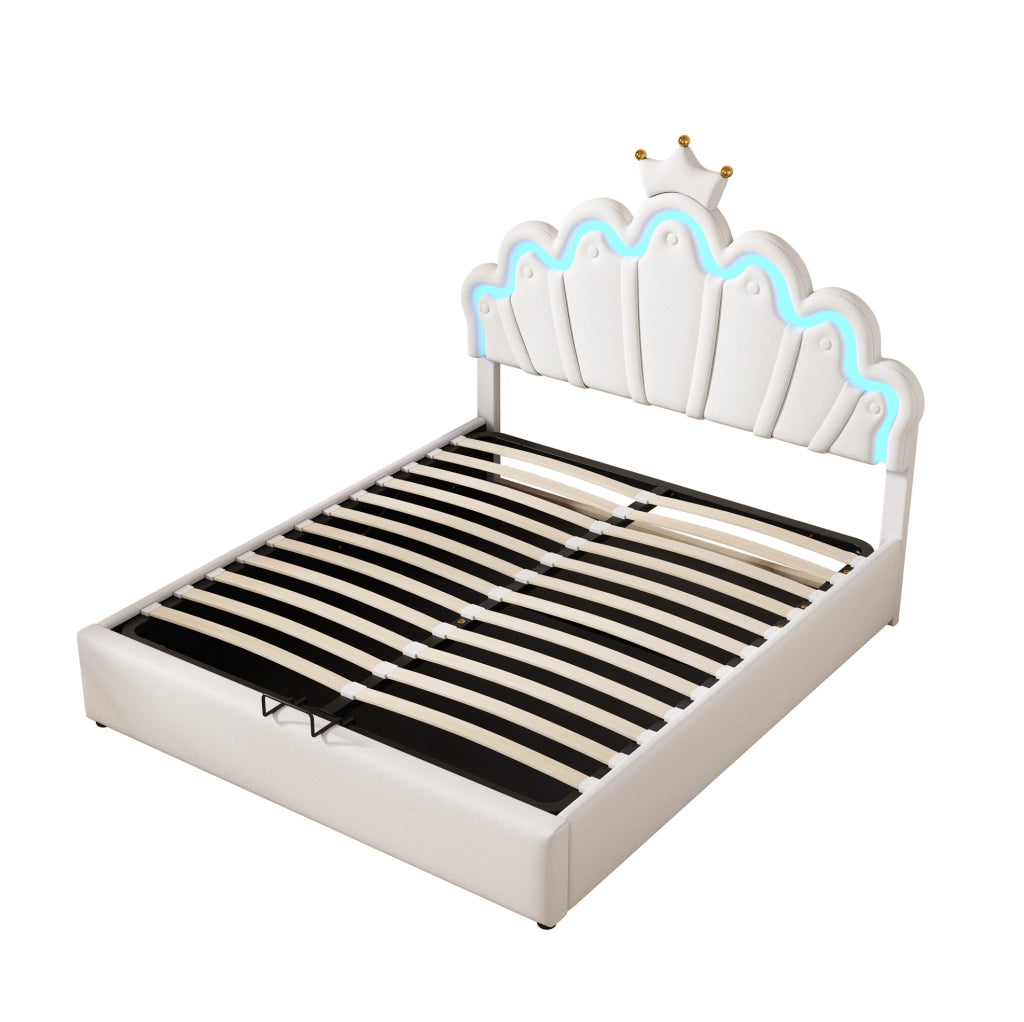 Letto imbottito 140x200 cm con contenitore e LED, testiera a nuvola con corona, PU bianco