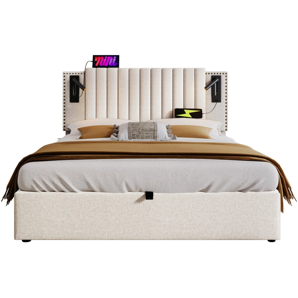 Letto matrimoniale 160x200 beige con contenitore, luce da lettura e USB