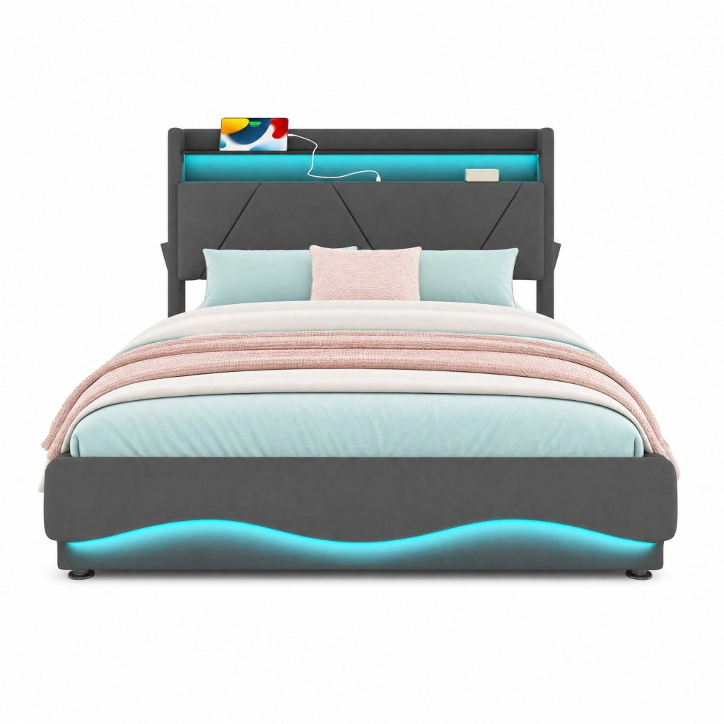Letto imbottito 140x200 cm in velluto grigio scuro con testiera contenitore, LED, porte USB e rete a gas