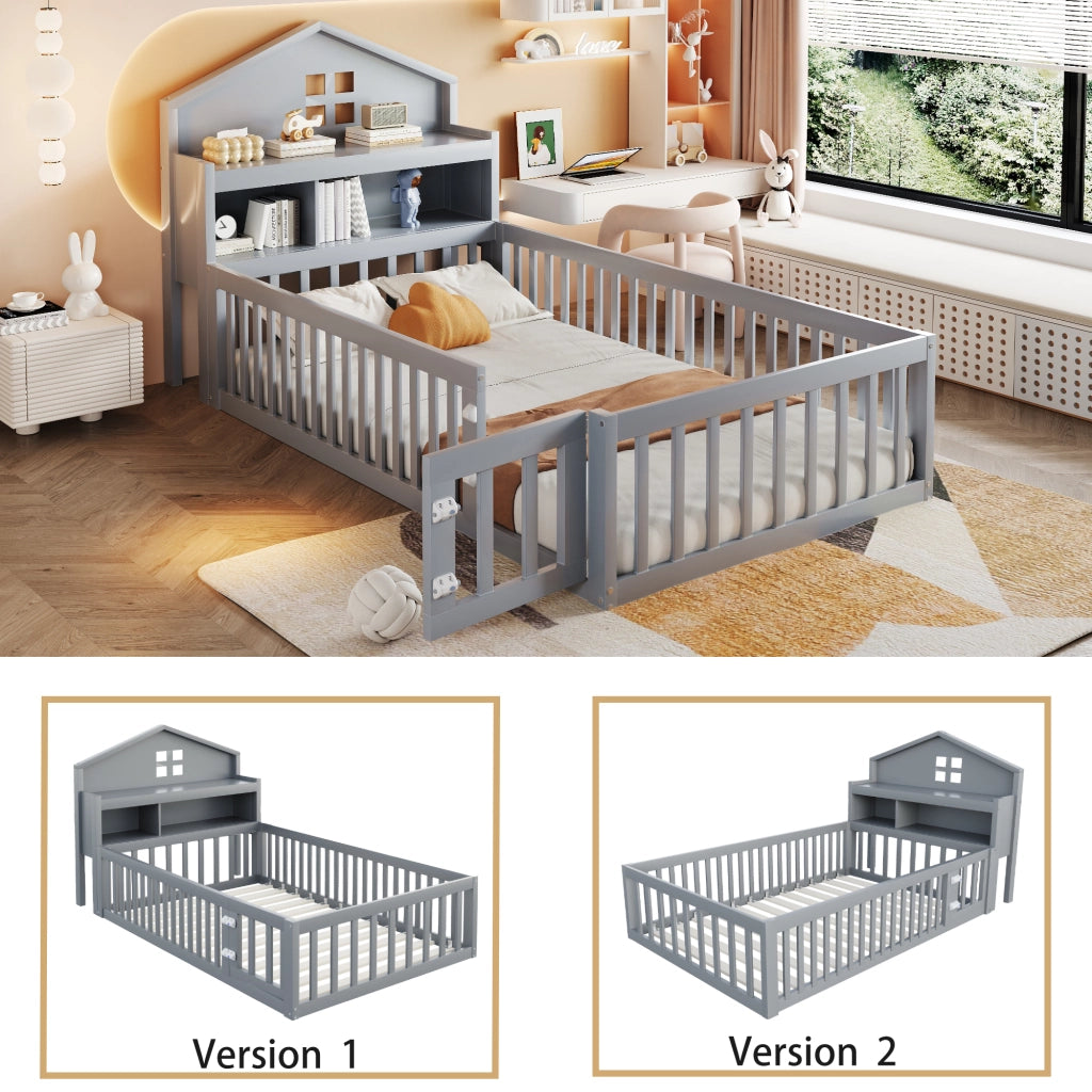 Letto per bambini a casetta 90 × 200 cm in legno grigio con rete a doghe protezione e vani contenitore