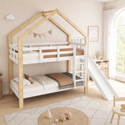 Letto a castello a casetta 90x200 cm con scivolo, scala e protezioni