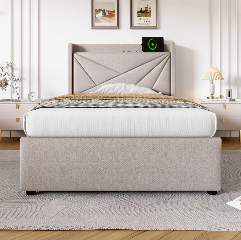 Letto singolo imbottito con contenitore e testiera USB Tipo C 90x200 cm senza materasso
