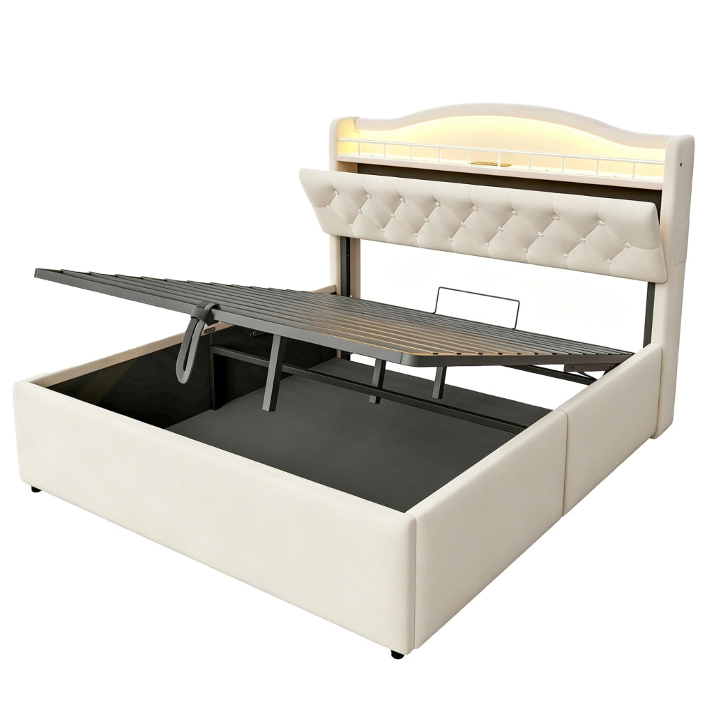 Letto matrimoniale contenitore 140x200 cm in velluto beige con LED; USB e USB-C HOMVRA