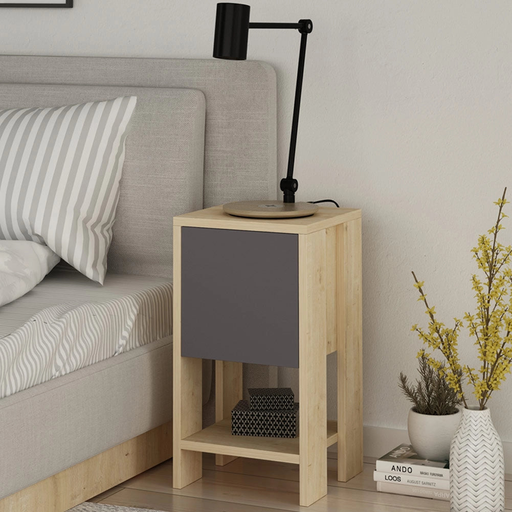 Comodino 30x30x55 cm Mobiletto con Anta a Ribalta e Ripiano in Legno Quercia e Antracite