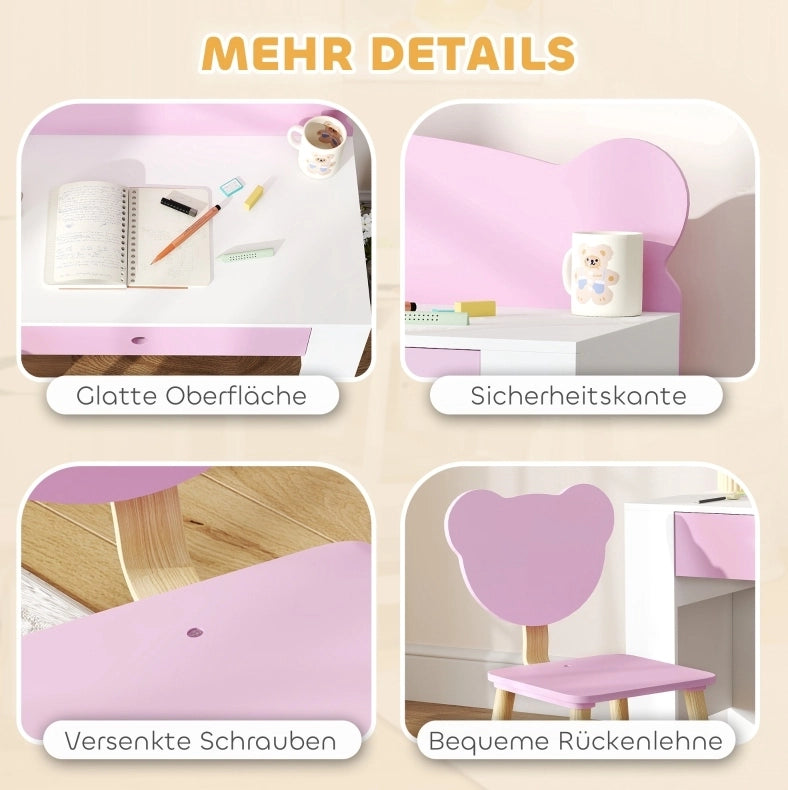 Set scrivania per bambini con sedia e cassetto rosa