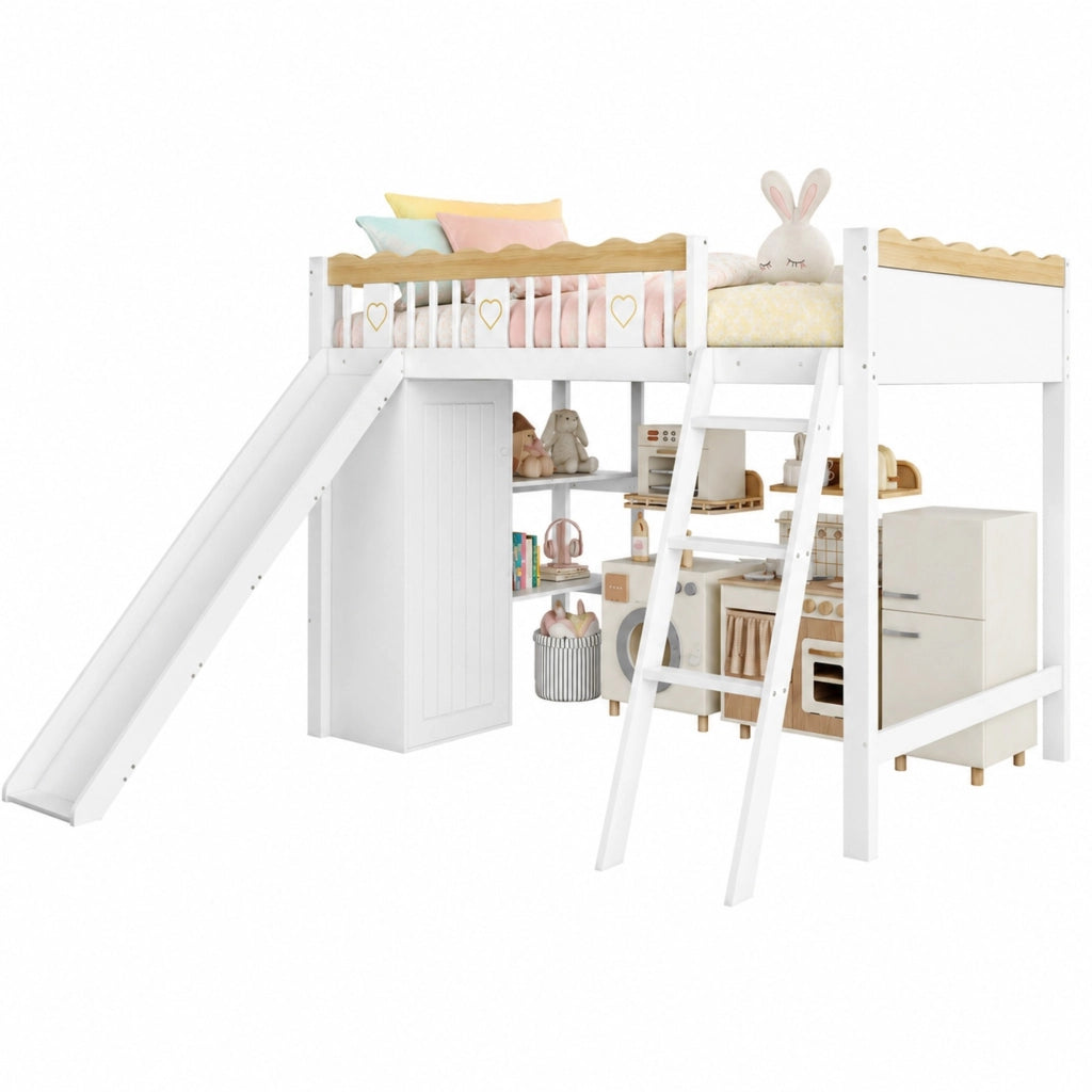 Letto a soppalco per bambini 90x200 cm con scivolo, armadio e ripiano bianco/naturale