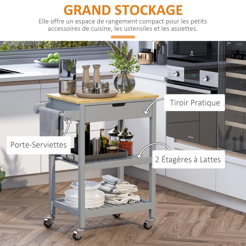 Carrello da cucina con ripiani in legno di hevea ¨C Minimal ¨C 2 ripiani, 1 cassetto e 1 porta strofinacci