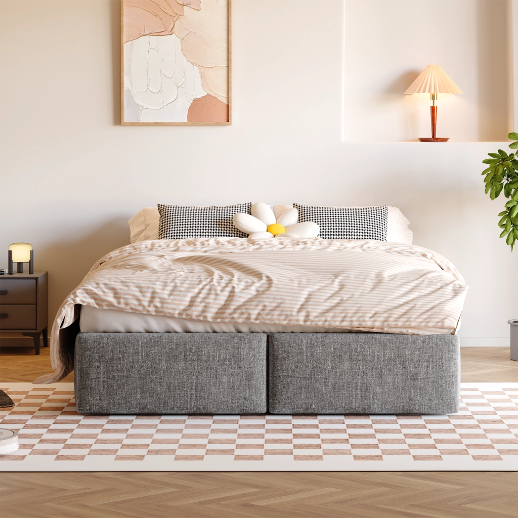 Letto contenitore 140 × 200 cm con sollevamento idraulico e 2 cassetti rivestito in tessuto grigio
