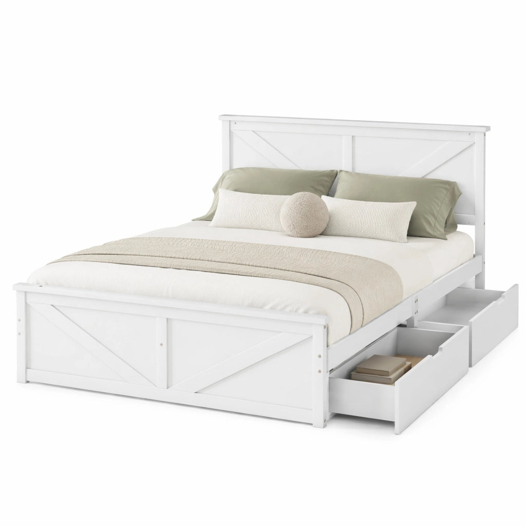 Letto in pino bianco 160x200 cm con testiera e 4 cassetti