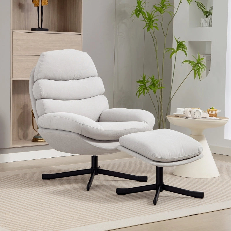 Fauteuil con pouf girevole a 360° con schienale alto e seduta ampia in tessuto chenille bianco crema