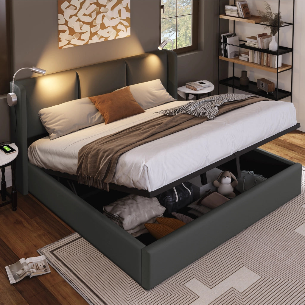 Letto contenitore 160 × 200 cm con sollevamento idraulico; testiera in PU grigio; luce lettura e ricarica USB