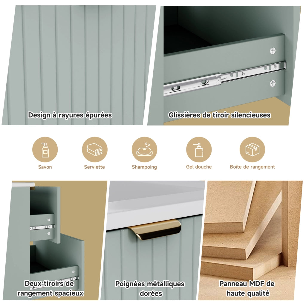 Lavabo sospeso 61x46x57 cm in MDF laccato verde menta, con lavabo integrato e 2 cassetti silenziosi a struttura orizzontale e verticale