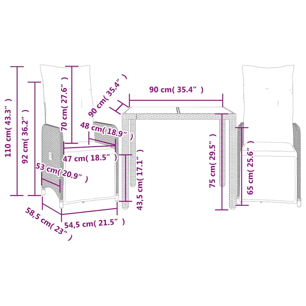 Set Bistr¨° da Giardino 3 pz | Set Salotto da Giardino con Cuscini in Polyrattan Grigio