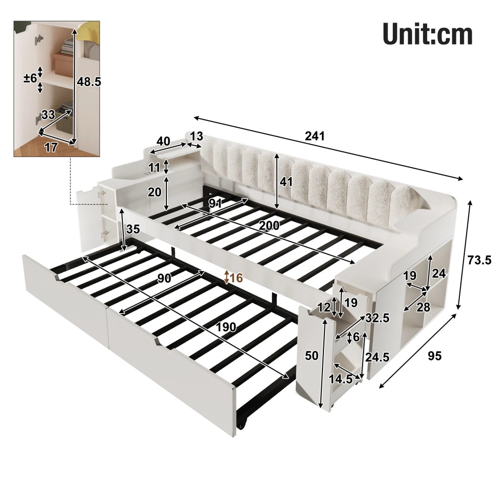 Letto estraibile 90x200 cm; divano letto con secondo letto; rete a doghe metalliche; stazione di ricarica; contenitore; sherpa; bianco