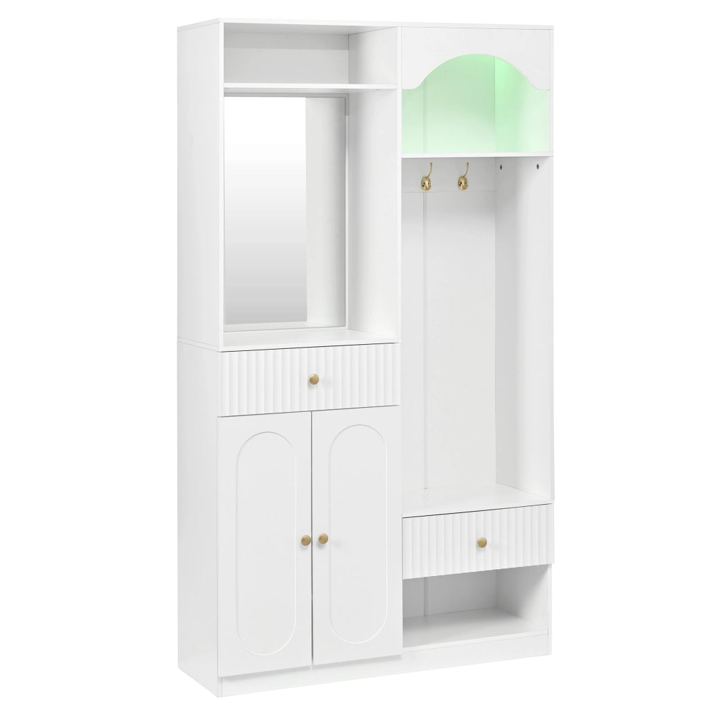 Mobile da ingresso con specchio, panca, ganci, LED, 2 ante, cassetti e ripiani regolabili, in MDF bianco, 100 × 35 × 180 cm