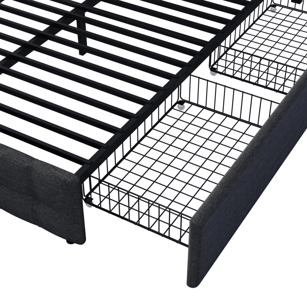 Letto imbottito 140x200 cm con 4 cassetti e testiera regolabile in lino nero