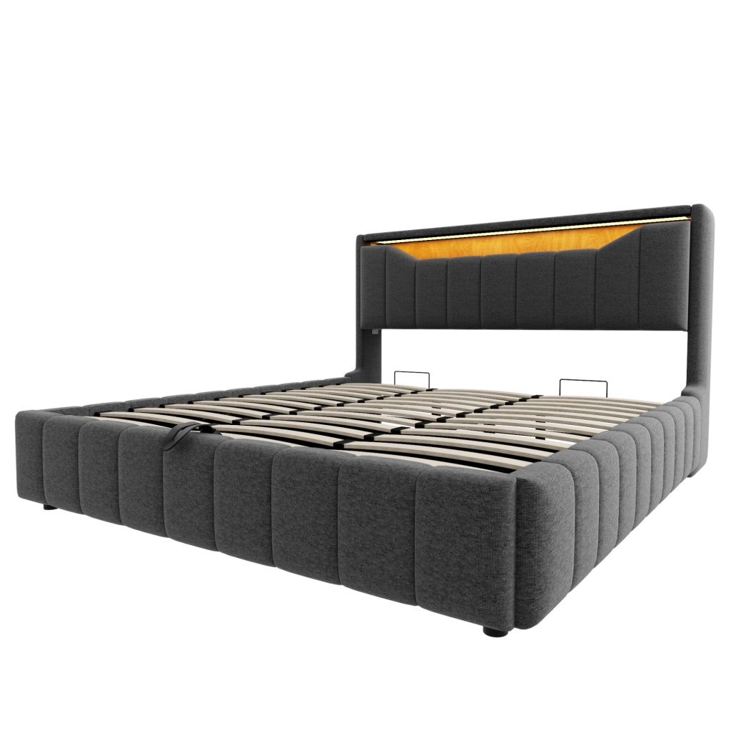 Letto matrimoniale contenitore 180x200 cm imbottito grigio con LED; USB e USB-C HOMVRA