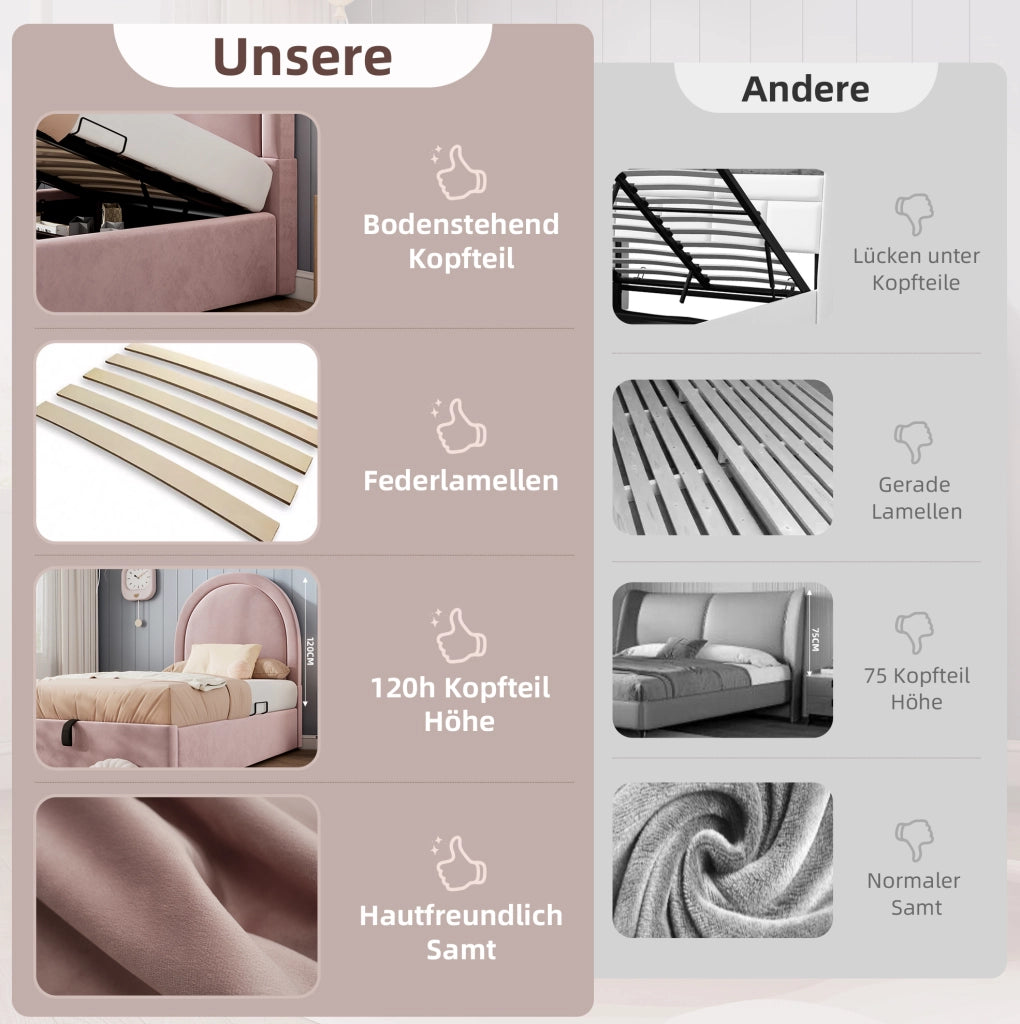 Letto imbottito rosa con contenitore 90 x 190 cm in velluto